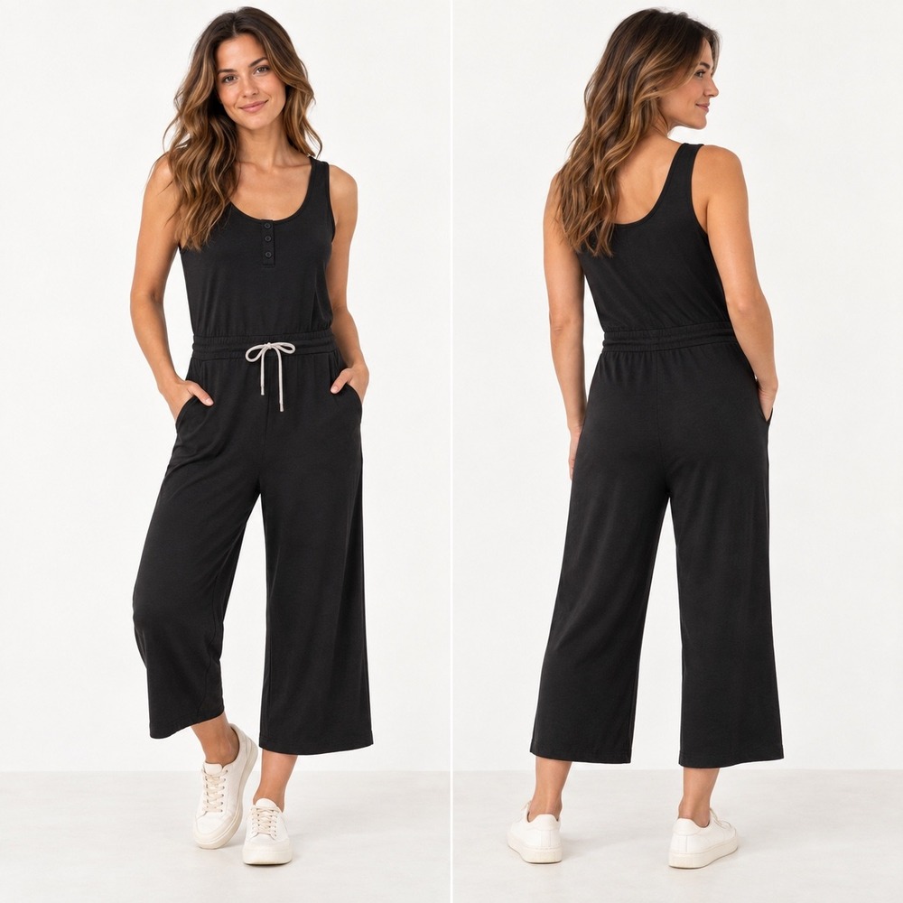 Vuori Falls Jumpsuit S Black Heather Cropped Wide Leg Henley Drawstring